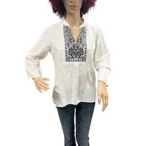 Carole Little White Embroidered 100% Linen Boho Tunic Top Women's Small
